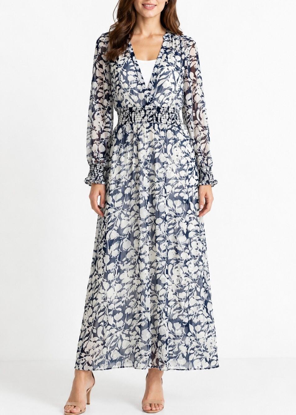 Hudson North Blue White Floral Sheer Smocked Waist Maxi Dress Size Large - Picture 1 of 10